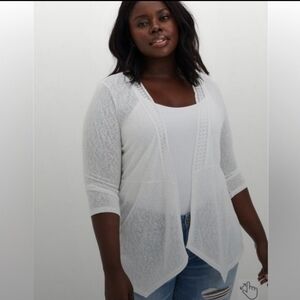Torrid Cardigan Antique-White 3/4-Sleeves Lace-Inset Draped-Open-Front